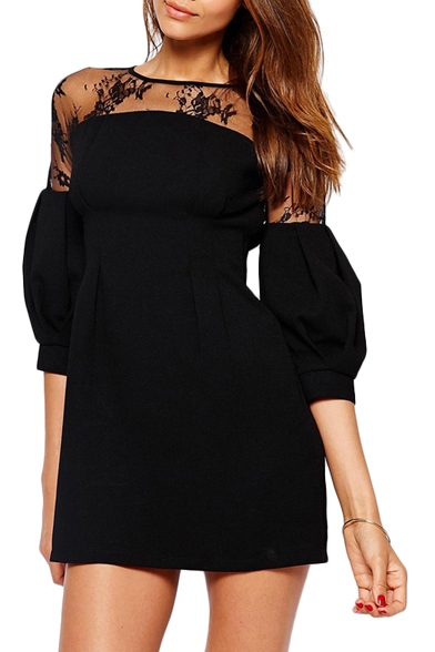 Shoulder Lace Cutwork Puff 3/4 Sleeve Black Mini Dress