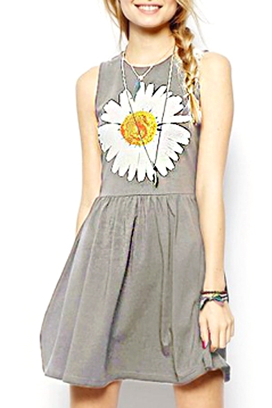 Single Daisy Print Front Sleeveless A-line Dress