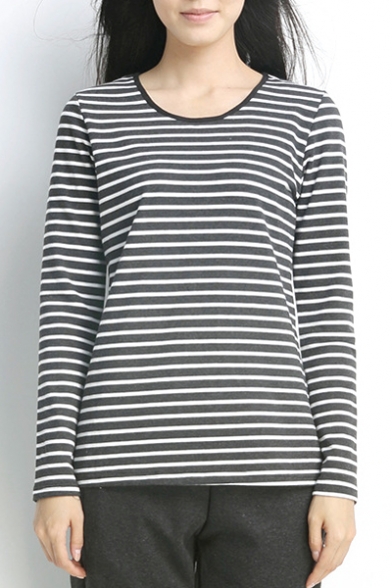 Striped Round Neck Long Sleeve Tee with Elbow Patch