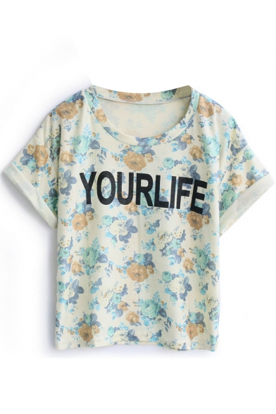 Yellow Letter Floral Crop Cuffed T-Shirt