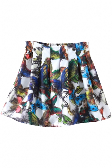 3D Butterfly Print White Background Mini Pleated Skirt