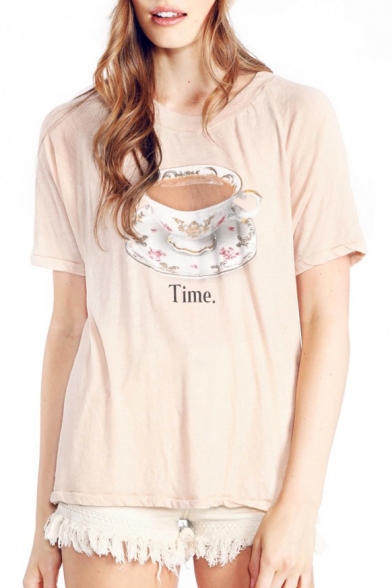Beige Tea Time Print Short Sleeve T-Shirt