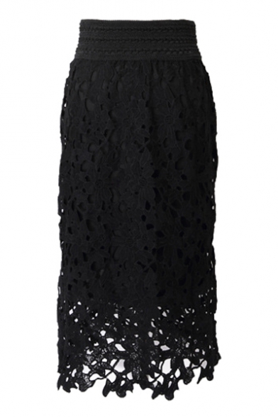 Black Lace Flower Cutwork Pencil Midi Skirt - Beautifulhalo.com