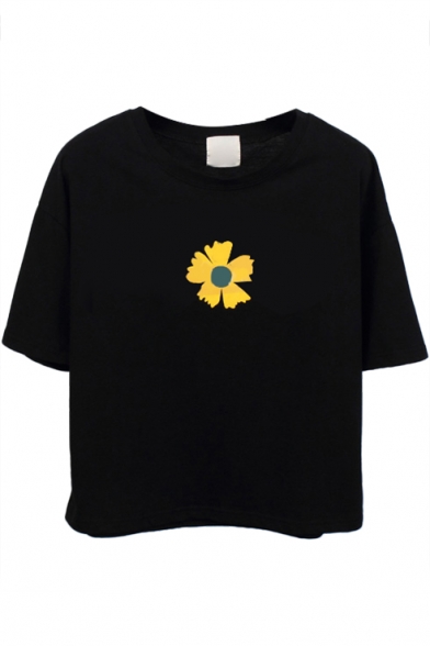 Short Sleeve Single Daisy Print T-Shirt - Beautifulhalo.com