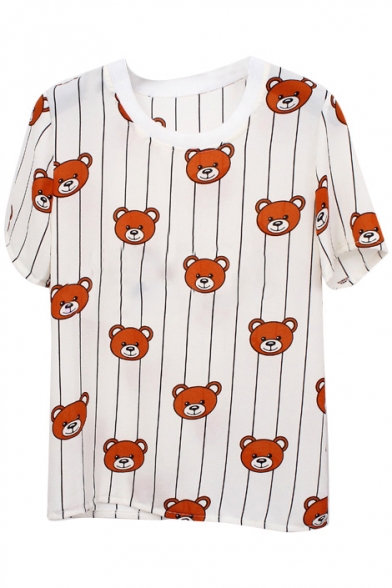 Cartoon Bear&Stripe Print Chiffon Short Sleeve T-Shirt