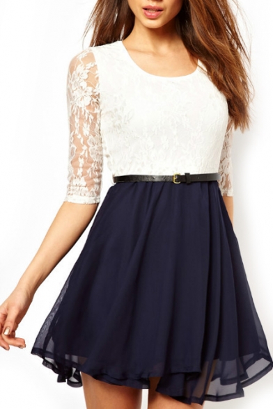 Color Block Lace Half Sleeve Belted Dress