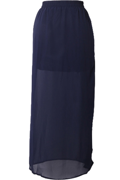 Dark Blue Elegant Side Split Chiffon Longline Skirt