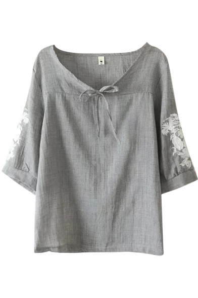 Gray 3/4 Sleeve Flower Embroidered Bow Neck Vintage Blouse