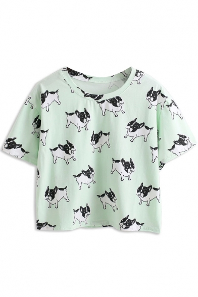 Green Bulldog Print Short Sleeve T-Shirt