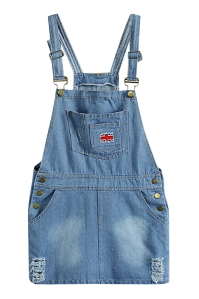 Light Blue Buttoned Distressed Street Style Denim Overall Dress