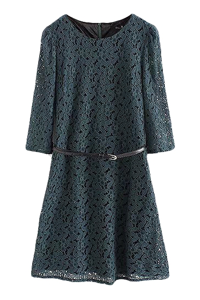 Plain Round Neck 1/2 Sleeve Lace Crochet Dress with Belt