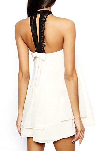 White Lace Insert Halter Bow Back Layered Dress