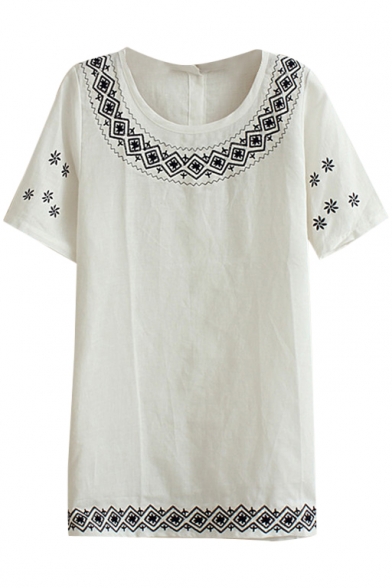 White Short Sleeve Ethnic Geometry Embroidered Linen T-Shirt