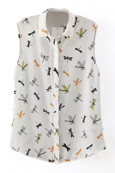 White Sleeveless Dragonfly Print Shirt