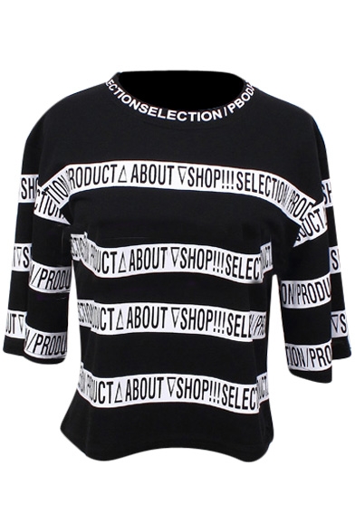 Black Background White Stripe&Letters Crop T-Shirt
