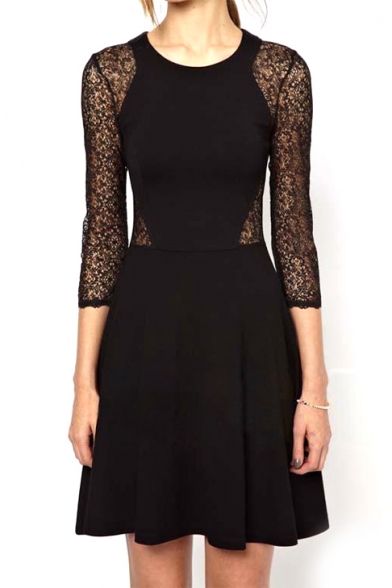 Black Lace Insert Sheer Cutout Back Dress