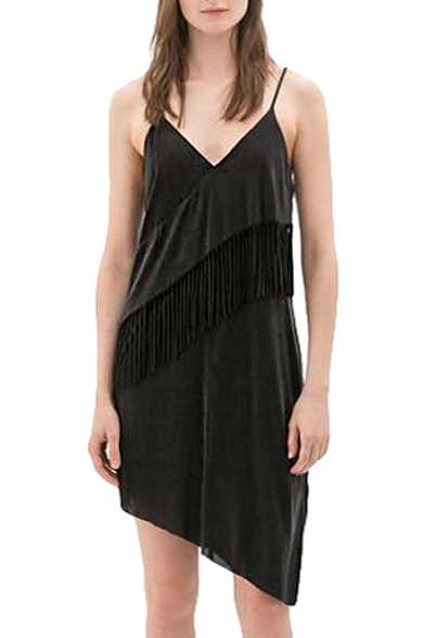 Black Strap Plain Tassel Detail Asymmetric Hem Dress