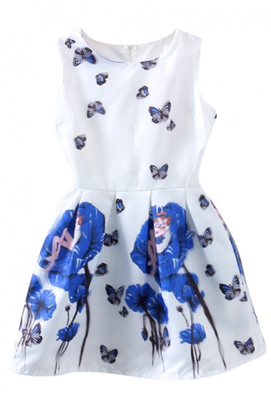 Blue Flower&Butterfly Print Sleeveless Fit&Flare Dress