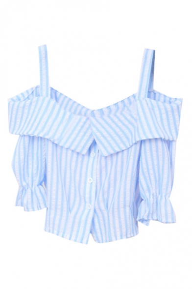 Blue Off-the-Shoulder Stripe Button Fly Ruffle Cuff Crop Blouse