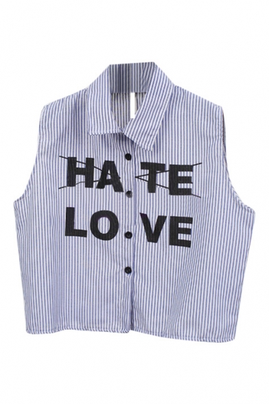 Blue Thin Vertical Stripe&Letters Print Sleeveless Crop Shirt