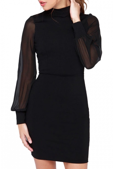 High Collar Black Office Lady Style Sheer Sleeve Sheath Dress