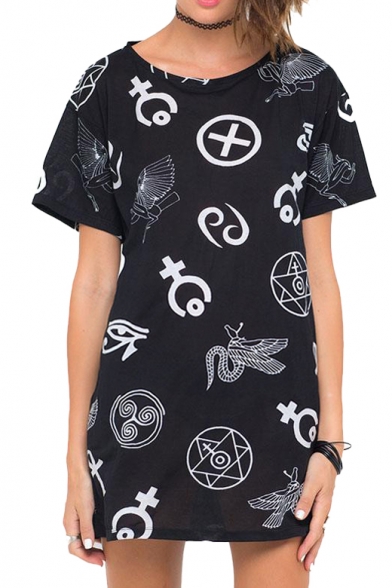 Laid Back Funk Style Symbols Print Black Mini Dress