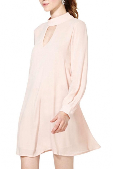 Light Pink Front&Back V-Cutout Flare Sleeve Swing Dress