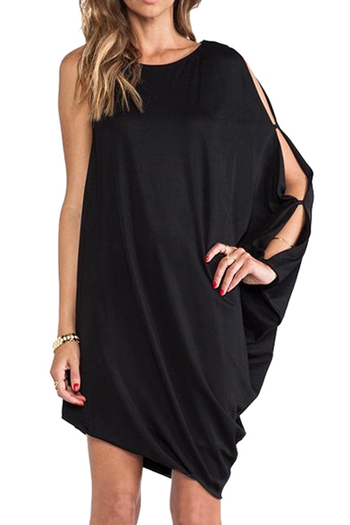 One-Shoulder Cutout Sleeve Black Mini Column Dress