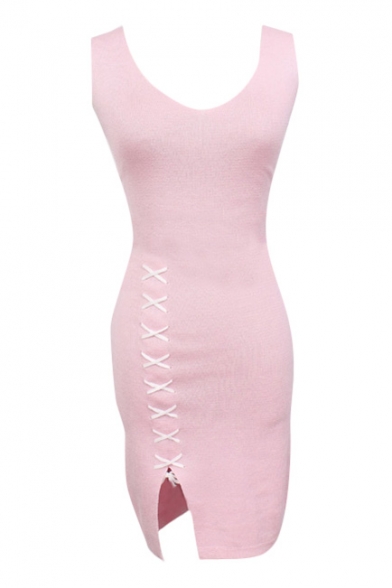 Pink V-Neck String-Up Detail Knitting Bodycon Dress