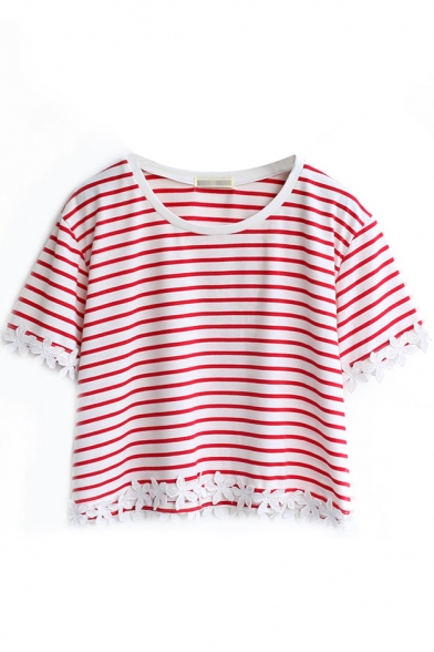Red Striped Lace Trimmed Crop T-Shirt