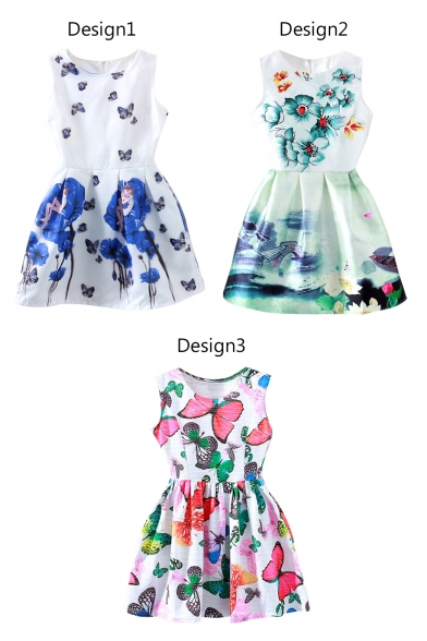 Butterfly&Flower Print Sleeveless Fit&Flare Dress