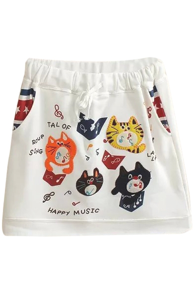 White Cartoon Singing Kitten Embroidered Short Skirt