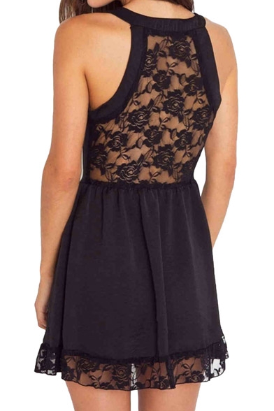 Black Button Through Slip Dress with Lace Insert Back