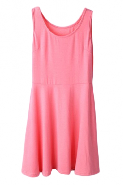 Candy Color Sleeveless Plain Fitted Pleated Sundress