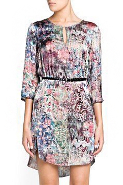 Colorful Scenery Print 3/4 Sleeve Cutout Belted Dress