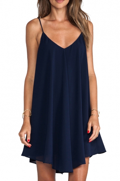 Dark Blue V-Neck Concise Style Slip Mini Dress - Beautifulhalo.com