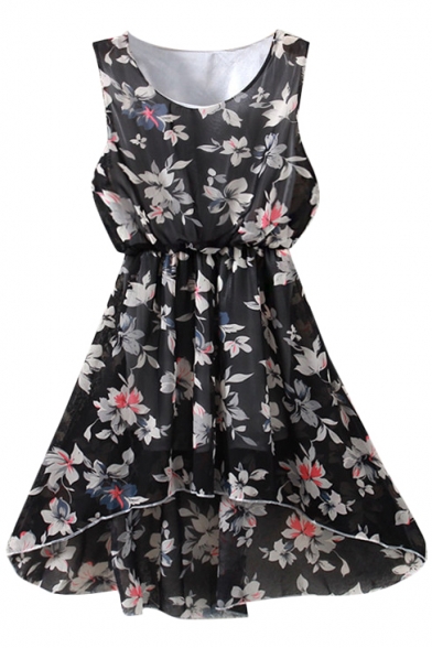 Elegant Black Flower Print Chiffon Elastic Waist Tanks Dress