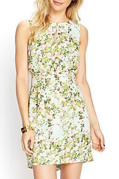 Fresh Floral Sleeveless Round Neck Fitted Dress