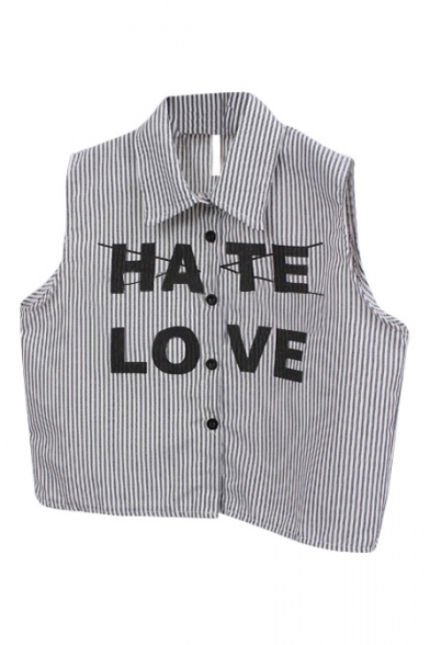Thin Vertical Stripe&Letters Print Sleeveless Crop Shirt