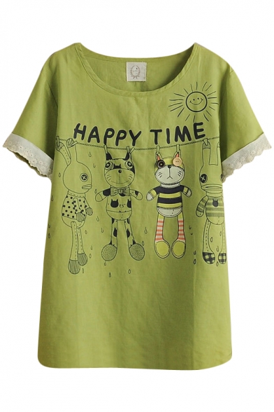 Green Short Sleeve Lace Trim Cartoon Rabbit Print Cute T-Shirt