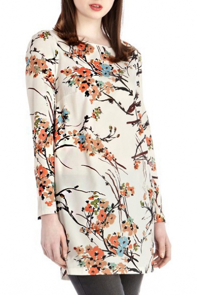 Ink Floral Long Sleeve Round Neck Zip Dress