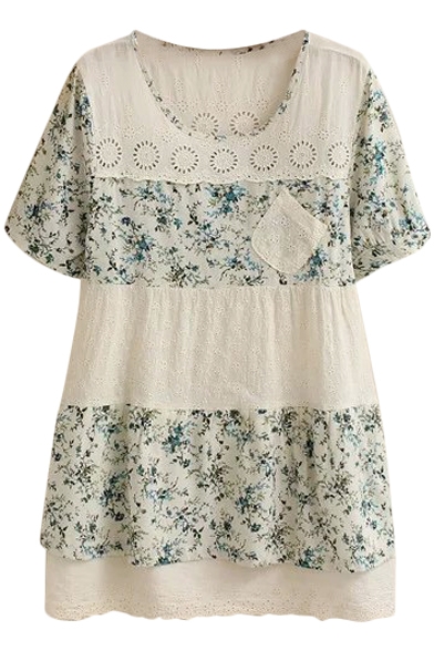 Light Blue Flora Insert Cutout Detail Short Sleeve White Dress