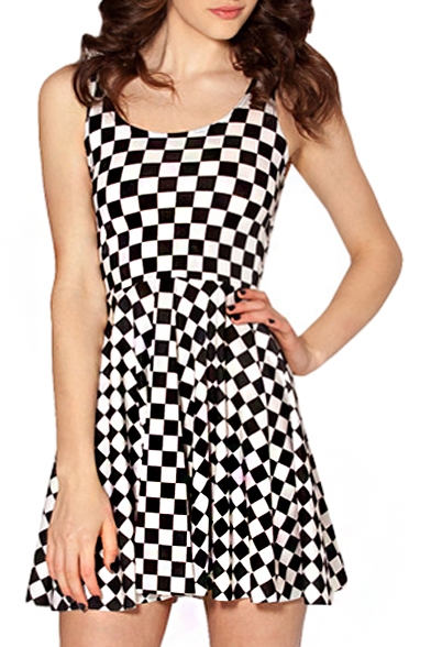 Mono Checker Print A-line Tanks Dress - Beautifulhalo.com