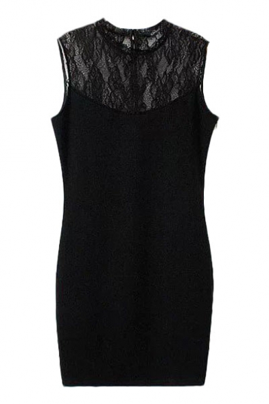 Plain Lace Panel Stand Collar Sleeveless Fitted Skinny Dress
