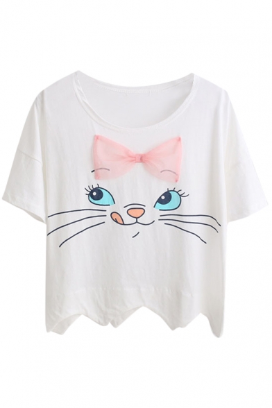 White Cat with Bow Scalloped Hem T-Shirt