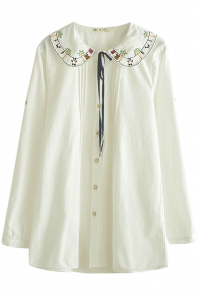 White Long Sleeve Embroidered String Pleated Detail Shirt