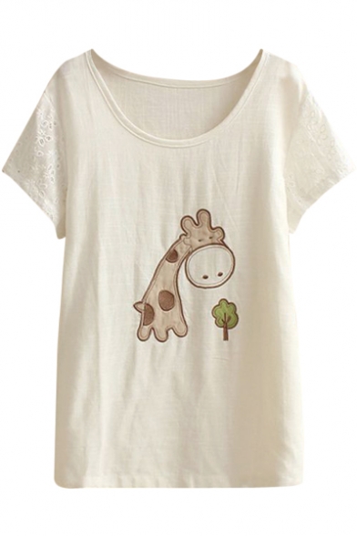 White Short Sleeve Giraffe&Tree Appliques T-Shirt