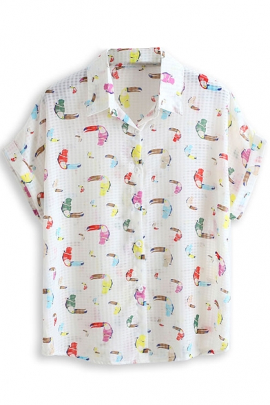 Woodpecker Print Short Sleeve Chiffon Shirt