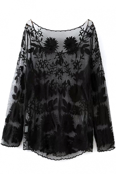 Black Lace Flower Embroidered Sheer Blouse