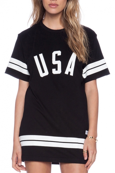 Black USA Striped Print Short Sleeve Dress